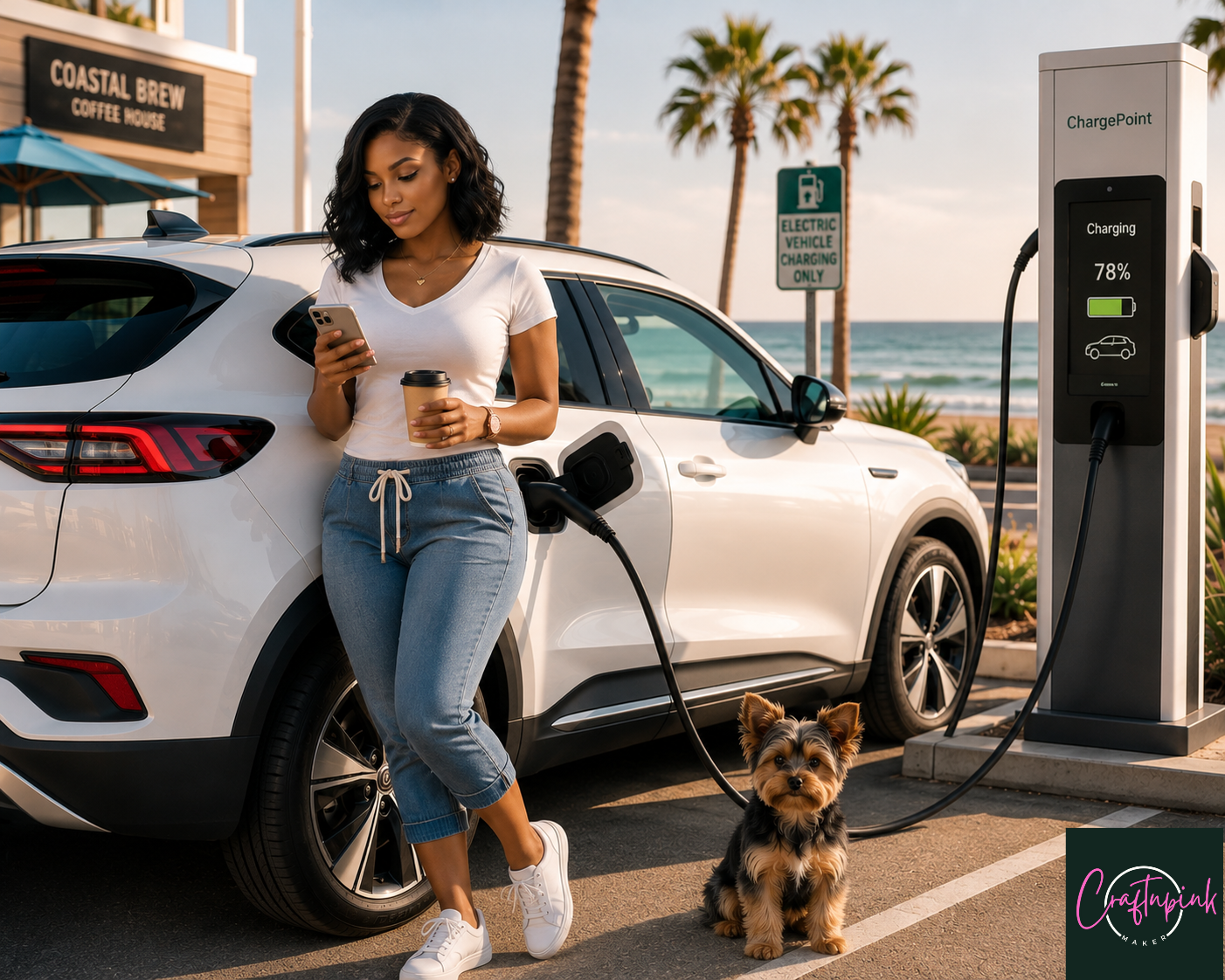Lavon D’Cree with Bella™ while charging an electric crossover near the coast