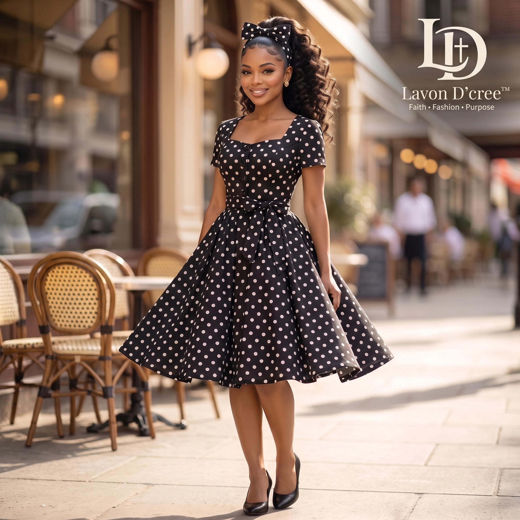 Lavon D’Cree in an elegant black polka-dot dress
